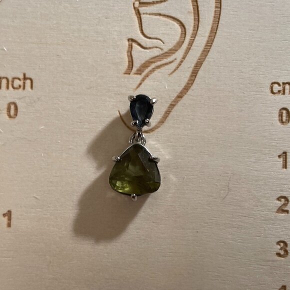 Monet Drop Earrings with Faceted Stones in Blue and Olive Green. - Picture 3 of 4